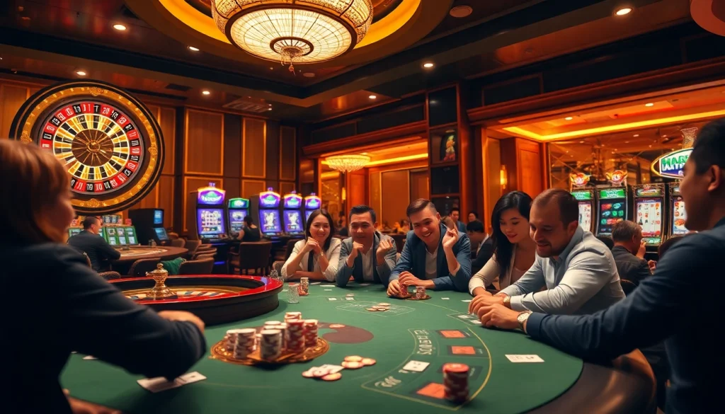 Nhà cái XX88 players enjoying thrilling casino games at a vibrant roulette table.