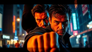 Action-packed thriller scene showcasing a dramatic confrontation between hero and antagonist.