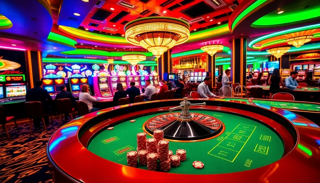 Hi88 casino players enjoying vibrant roulette and poker games in an exciting environment.