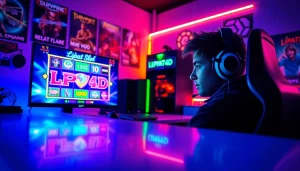 Menggambarkan pengalaman bermain lipat4d slot dengan gamer fokus dalam ruangan neon yang cerah.