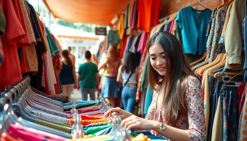 Shop unique thrifted treasures at https://thrift-vintage.com with vibrant clothes in a bustling market.