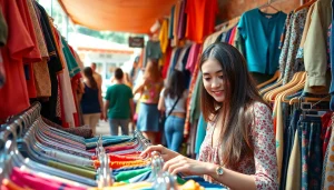 Shop unique thrifted treasures at https://thrift-vintage.com with vibrant clothes in a bustling market.