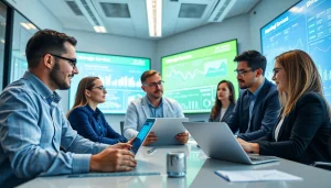 Showcase of experts discussing Managed Services in a tech-savvy environment with digital devices.