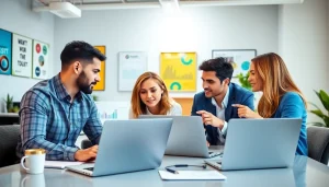 Visualize strategies at https://boost-social-media.com with a dynamic marketing team brainstorming in a bright office.