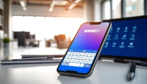 Showcasing 搜狗输入法下载 app interface on a smartphone in a modern workspace.