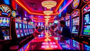 Menggambarkan pengalaman slot gacor dengan suasana kasino yang meriah dan mesin slot yang menyala.