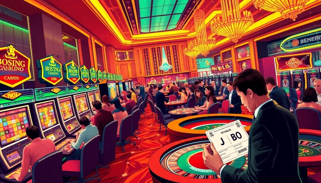 Experience the excitement of JBO while slot machines and roulette tables fill the bustling casino atmosphere.