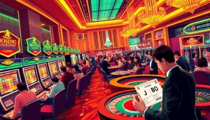 Experience the excitement of JBO while slot machines and roulette tables fill the bustling casino atmosphere.