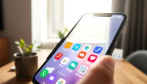 Showcasing the 爱思助手 app in action on a smartphone, emphasizing vibrant interface elements.
