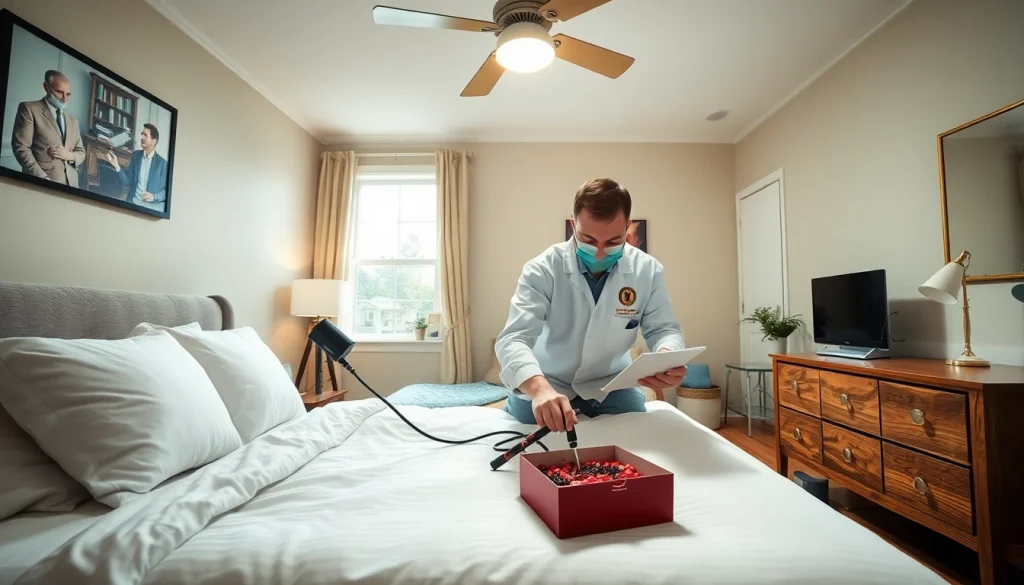 Inspecting for bed bugs at https://affordablebedbugexterminators.com with a professional exterminator in a clean bedroom.