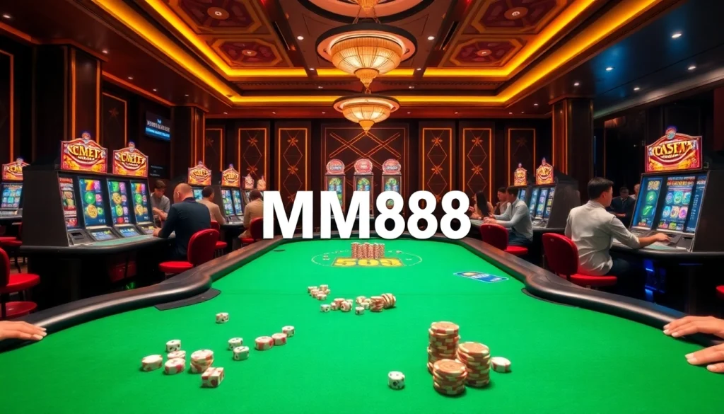 Exciting poker gameplay at MM88 casino featuring vibrant tables and slot machines.
