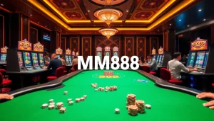 Exciting poker gameplay at MM88 casino featuring vibrant tables and slot machines.