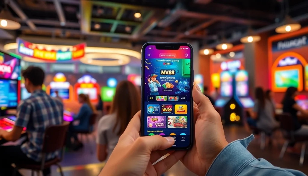 MV88 online gaming app showcasing promotions and user engagement in a lively setting.