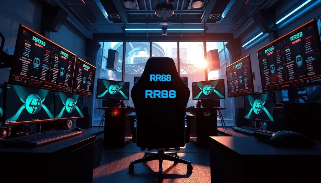 Engaging scene with the RR88 logo in a professional gaming setup flaunting high-tech gear.