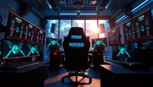 Engaging scene with the RR88 logo in a professional gaming setup flaunting high-tech gear.