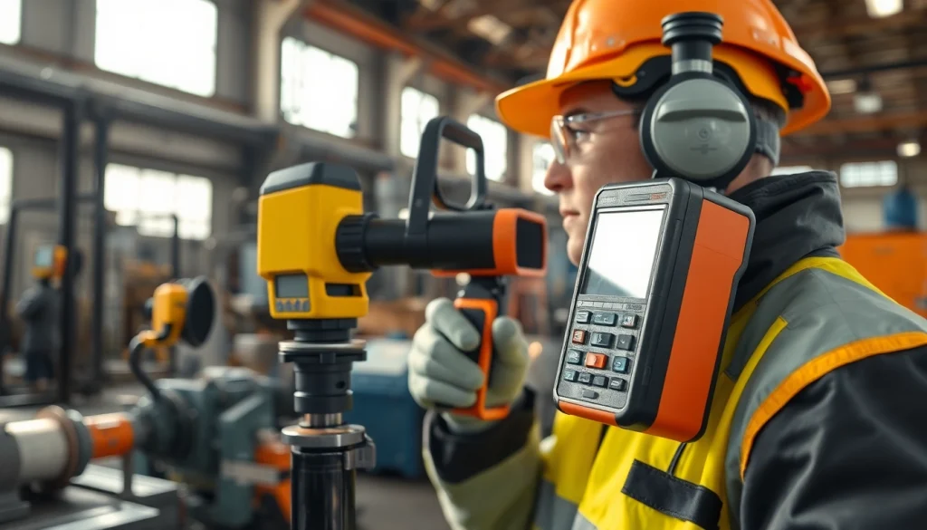 Performing a noise assessment survey with sound level meters in an industrial environment.