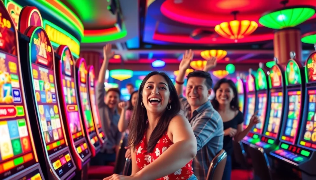 Bermain slot gacor dengan ceria di kasino yang penuh warna dan atmosfer meriah.