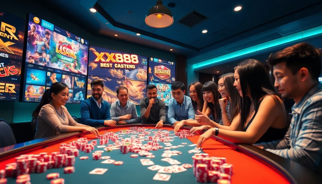Experience the vibrant online casino atmosphere of XX88 with diverse players and modern gaming tables.