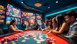 Experience the vibrant online casino atmosphere of XX88 with diverse players and modern gaming tables.