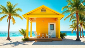 Capture the essence of the coastal cabana amidst a vibrant beach setting with palm trees and ocean views.