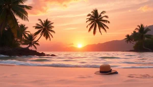 Experience a vibrant sunset at the beach with soft waves for https://travelvixta.com travel adventures.