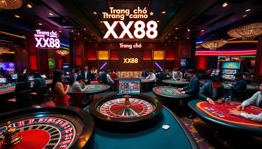 Experience the excitement of gambling at Trang chủ XX88, featuring a vibrant roulette wheel and engaging poker table action.