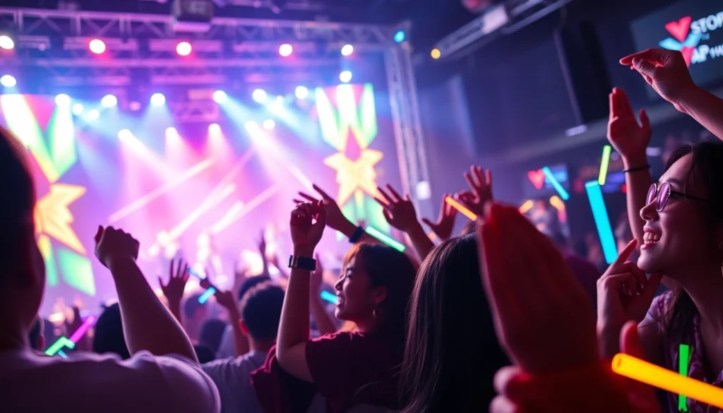 Engaged fans at https://www.kpopangel.com concert, capturing excitement and vibrant atmosphere.