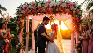 Tampa wedding photography capturing a beautiful couple under a floral arch during sunset.