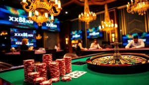 Engaged gamblers strategize at a casino table featuring https://xx88.now/ and vibrant playing cards.