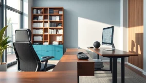 Engaged professional in a modern typing center showcasing an ergonomic workspace.