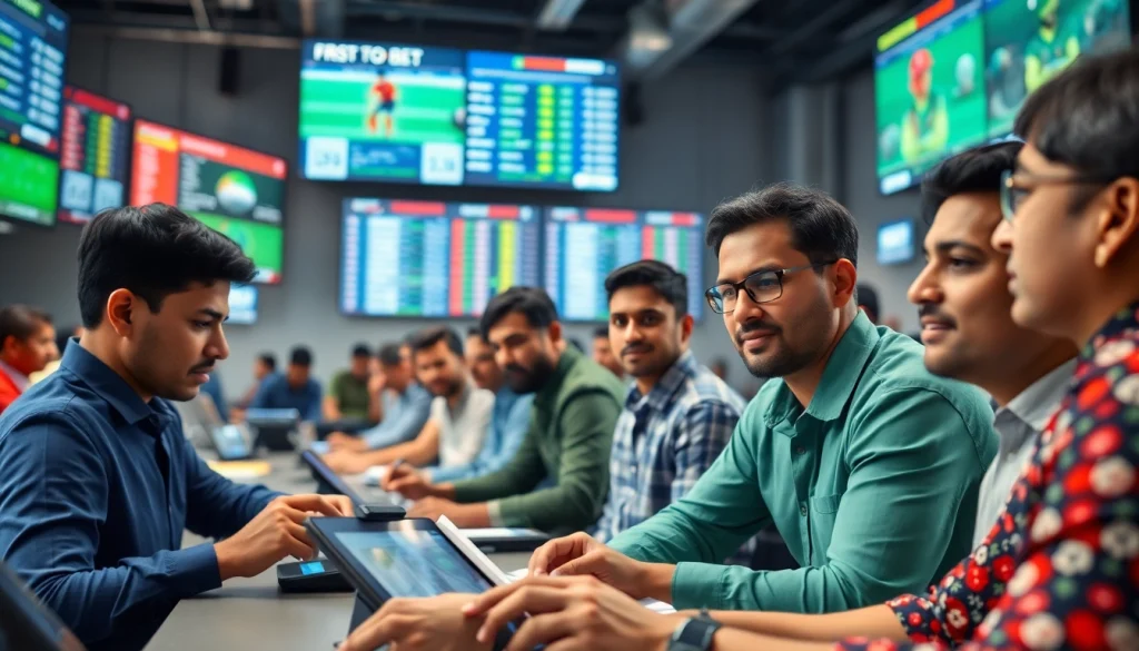 Engaged individuals in sports betting in India, showcasing excitement and technology in the betting environment.