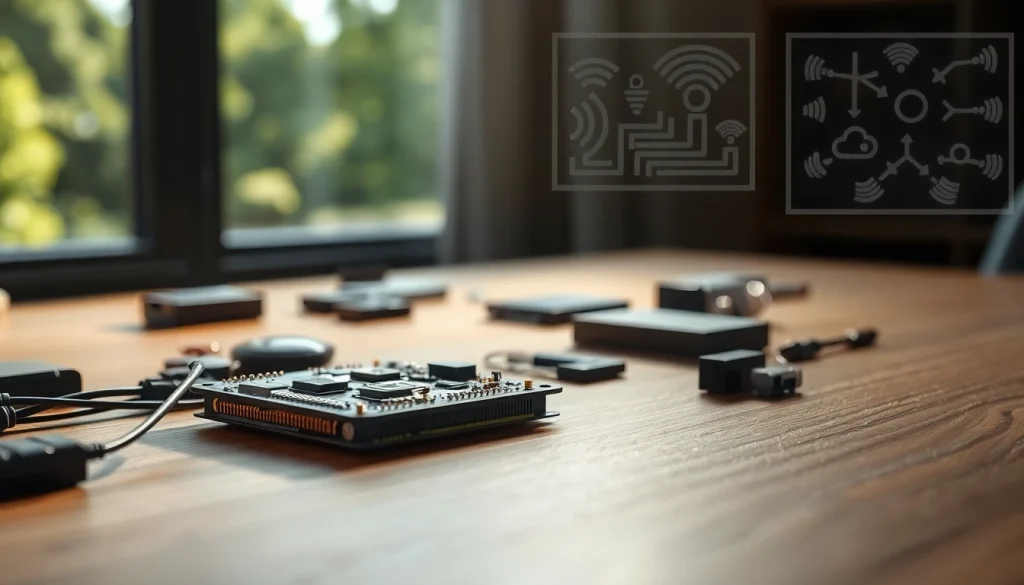 Showcasing a high-tech LoRa module with detailed circuitry on a modern workspace.