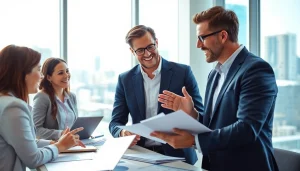 Engaging real estate agents discussing property listings in a modern office setting.