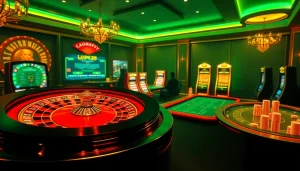 Engage in thrilling gameplay at S8 with vibrant casino visuals featuring roulette and poker tables.