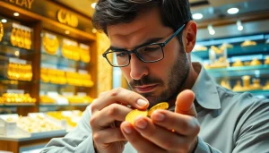 Goldankauf in der Nähe: Professional jeweler examining gold coins in a bright, inviting shop.