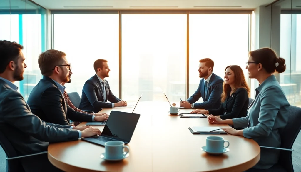 Team collaborating in a business meeting, showcasing engagement in discussions and professionalism.