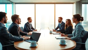 Team collaborating in a business meeting, showcasing engagement in discussions and professionalism.