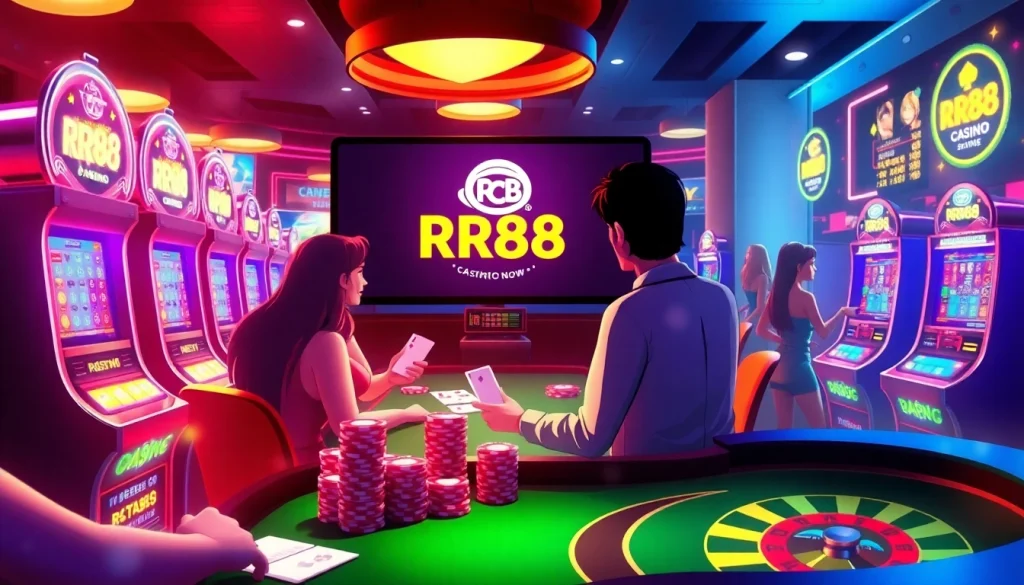 RR88 online casino scene featuring animated gamblers at poker and slot machines.