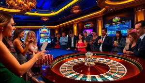 Leci123 features a vibrant casino scene with players enjoying roulette and dice games while immersed in online gambling excitement.