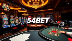 Encounter the vibrant excitement of casino gaming with 54BET logo amid thrilling bets and lively players.