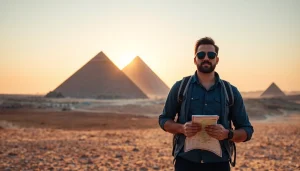 Witness a tourist experiencing the iconic Great Pyramids of Giza at https://emegypt.net during sunset.