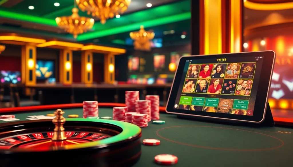 Experience the thrill of VN168 with a vibrant casino scene showcasing modern betting and classic games.