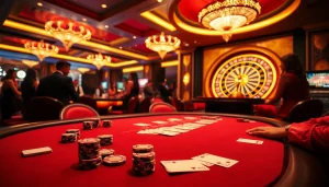 KJC gaming excitement at a luxurious casino table with poker chips and cards.