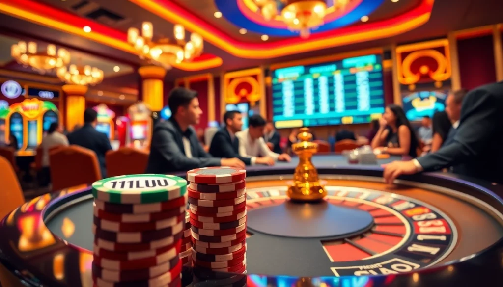 Players engaging in a thrilling casino experience with 11UU poker chips at a roulette table.