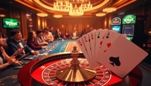 Experience 9Dbet's exciting gambling scene with roulette, poker chips, and vibrant gameplay visuals.