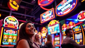 Walettoto, suasana bermain slot online yang penuh energi dan kesenangan dengan pemain merayakan kemenangan.