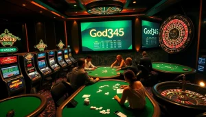 Engaged gamblers enjoy a thrilling poker game at God345 casino, surrounded by luxury and excitement.