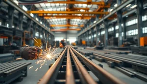 Expert in structural steel fabrication welding metal components in a vibrant workshop.