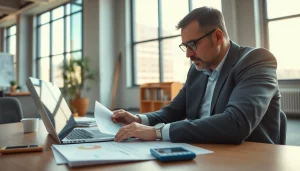 Księgowość dla spółki budowlanej przedstawiona przez profesjonalnego księgowego analizującego budżety budowlane w nowoczesnym biurze.