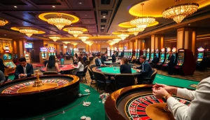 Experience the thrill of casino gaming at XX88 with stunning roulette tables and lively players.